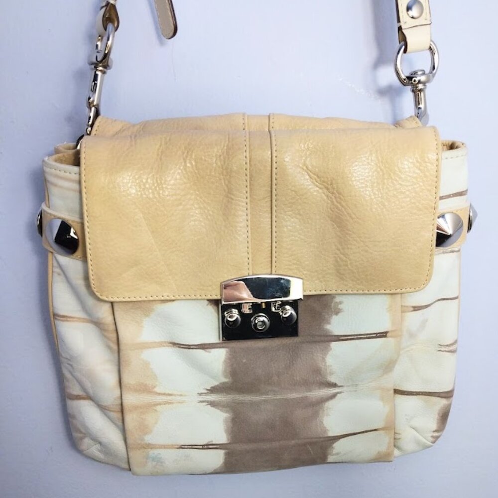 Women's Leather Shoulder Handbag Beige Cream Studded BE&D Neutral FLAWS